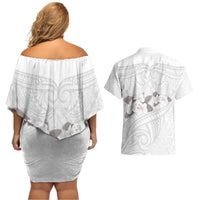 White Polynesia Couples Matching Off Shoulder Short Dress and Hawaiian Shirt Tribal Pattern Tropical Frangipani