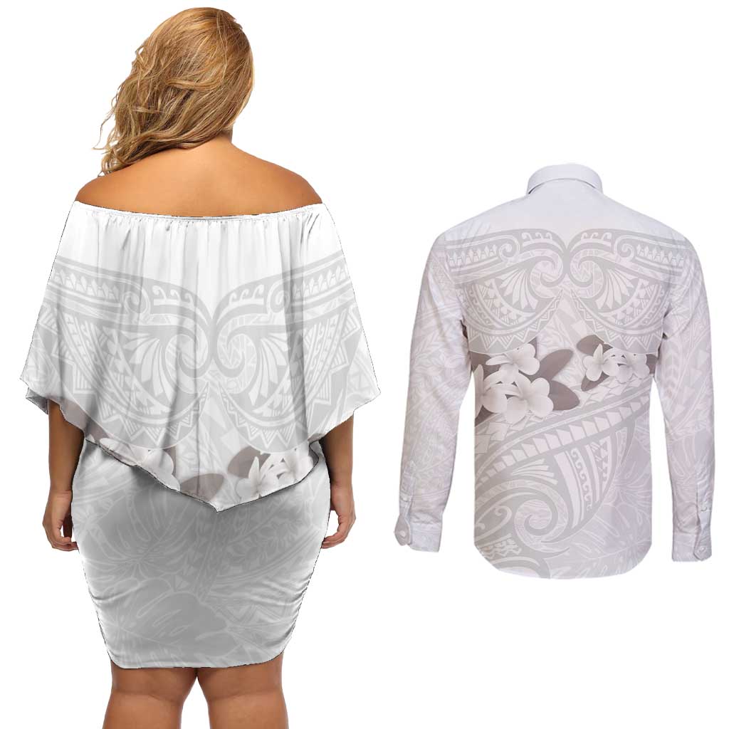 White Polynesia Couples Matching Off Shoulder Short Dress and Long Sleeve Button Shirt Tribal Pattern Tropical Frangipani