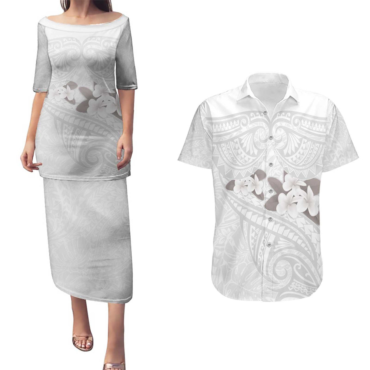 White Polynesia Couples Matching Puletasi and Hawaiian Shirt Tribal Pattern Tropical Frangipani