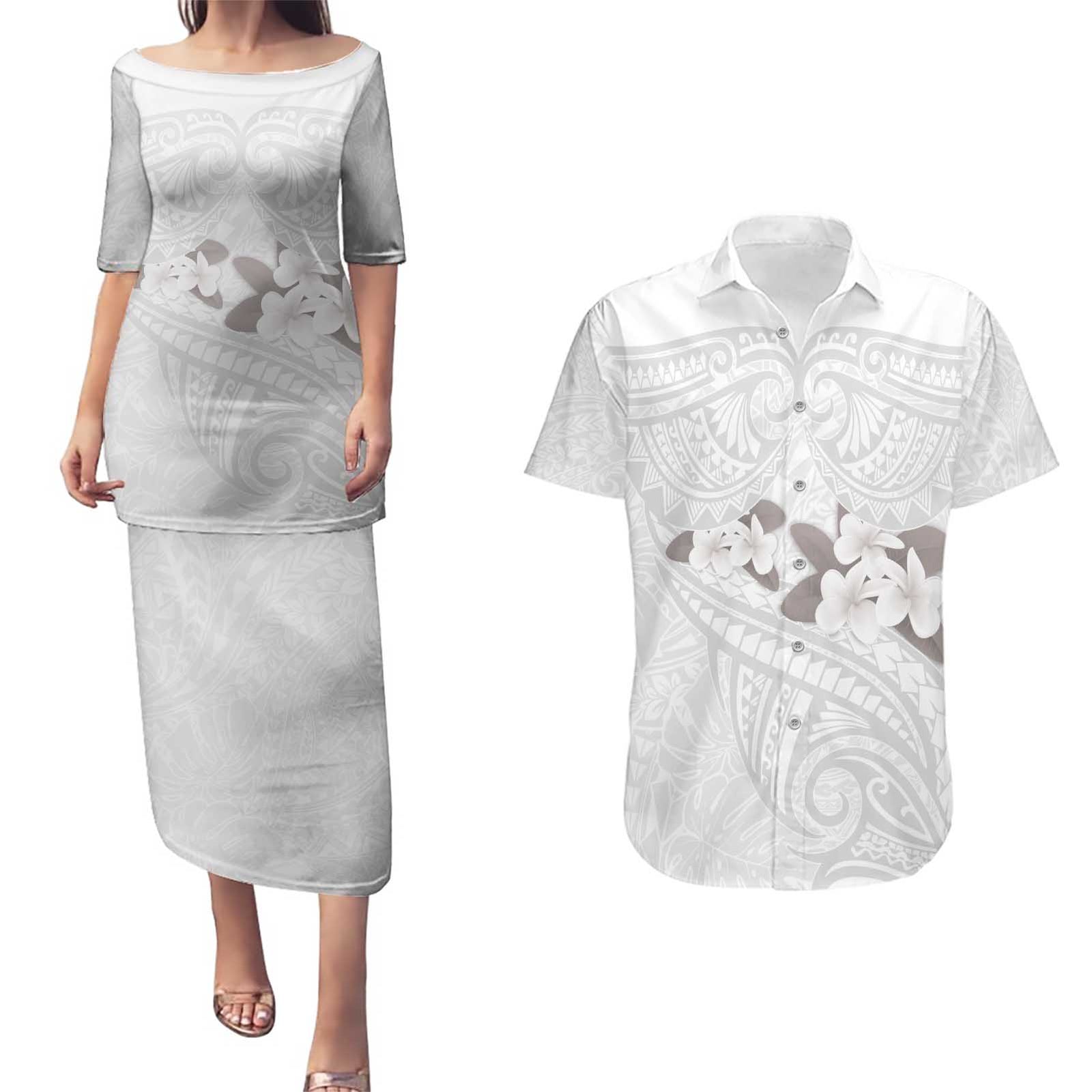 White Polynesia Couples Matching Puletasi and Hawaiian Shirt Tribal Pattern Tropical Frangipani LT14 White - Polynesian Pride