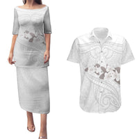 White Polynesia Couples Matching Puletasi and Hawaiian Shirt Tribal Pattern Tropical Frangipani