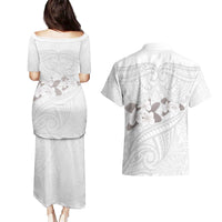 White Polynesia Couples Matching Puletasi and Hawaiian Shirt Tribal Pattern Tropical Frangipani
