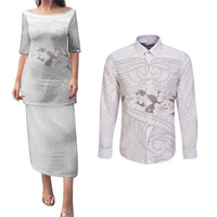 White Polynesia Couples Matching Puletasi and Long Sleeve Button Shirt Tribal Pattern Tropical Frangipani