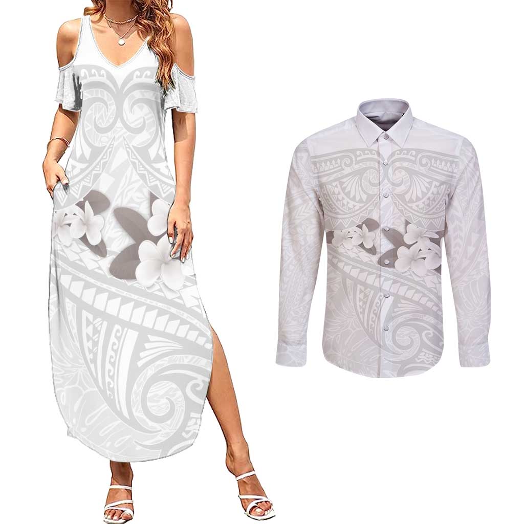 White Polynesia Couples Matching Summer Maxi Dress and Long Sleeve Button Shirt Tribal Pattern Tropical Frangipani LT14 White - Polynesian Pride