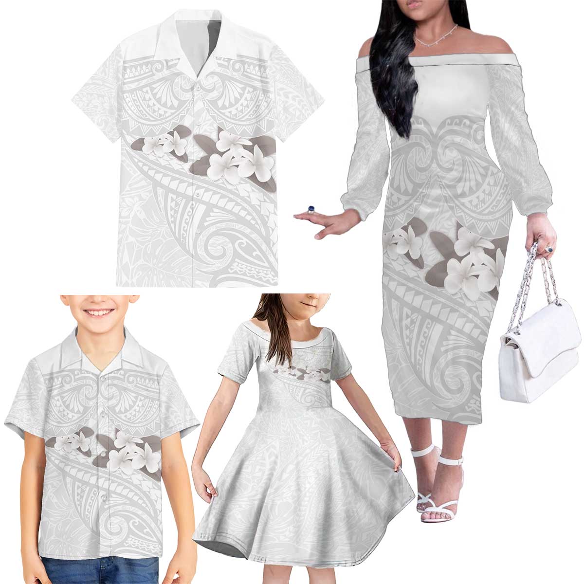 White Polynesia Family Matching Off The Shoulder Long Sleeve Dress and Hawaiian Shirt Tribal Pattern Tropical Frangipani LT14 - Polynesian Pride