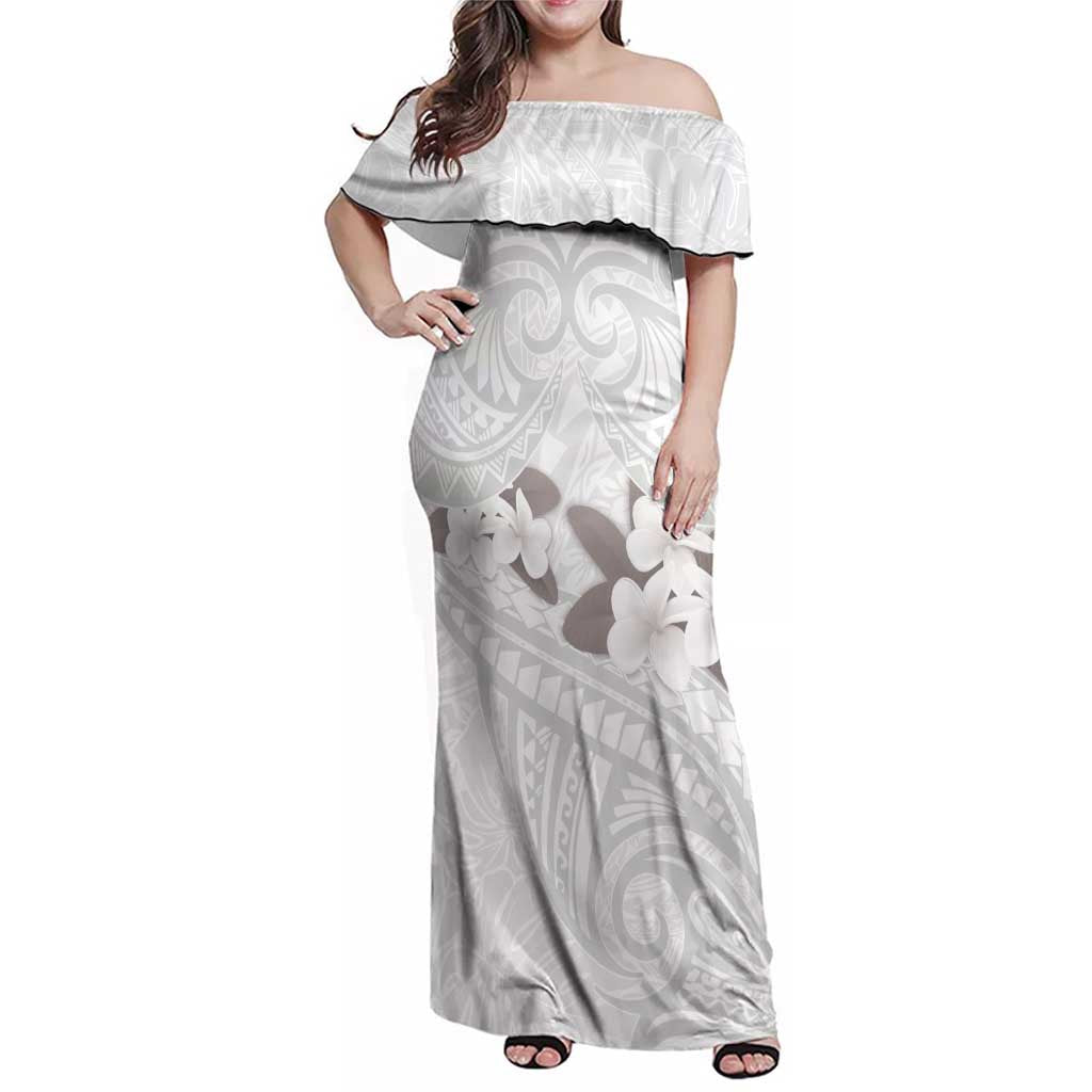 White Polynesia Family Matching Off Shoulder Maxi Dress and Hawaiian Shirt Tribal Pattern Tropical Frangipani
