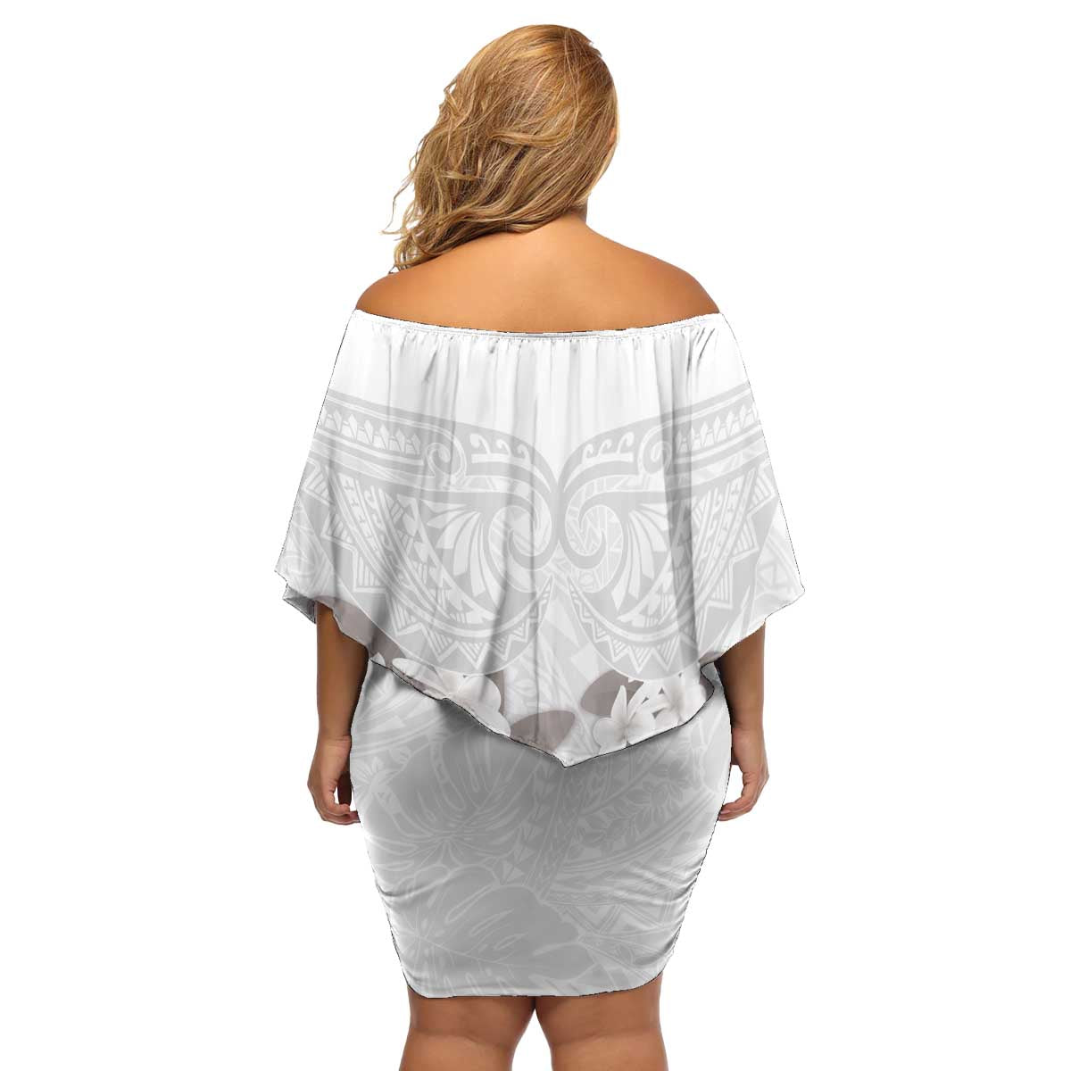 White Polynesia Family Matching Off Shoulder Short Dress and Hawaiian Shirt Tribal Pattern Tropical Frangipani