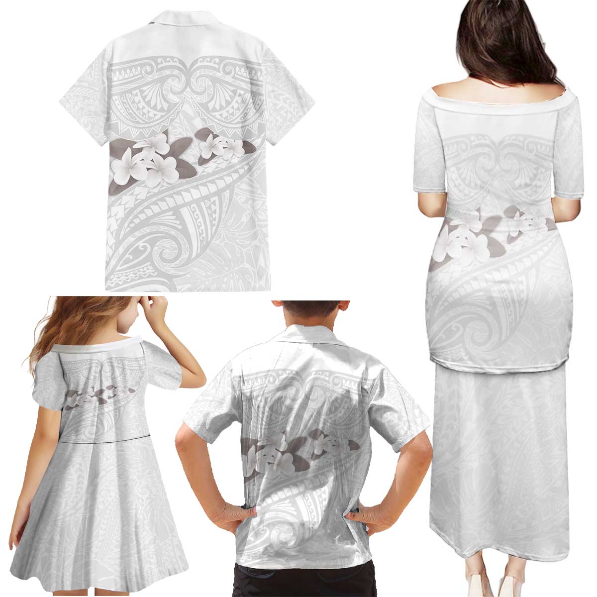 White Polynesia Family Matching Puletasi and Hawaiian Shirt Tribal Pattern Tropical Frangipani