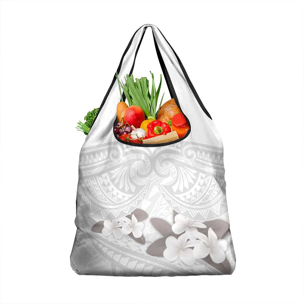 White Polynesia Grocery Bag Tribal Pattern Tropical Frangipani