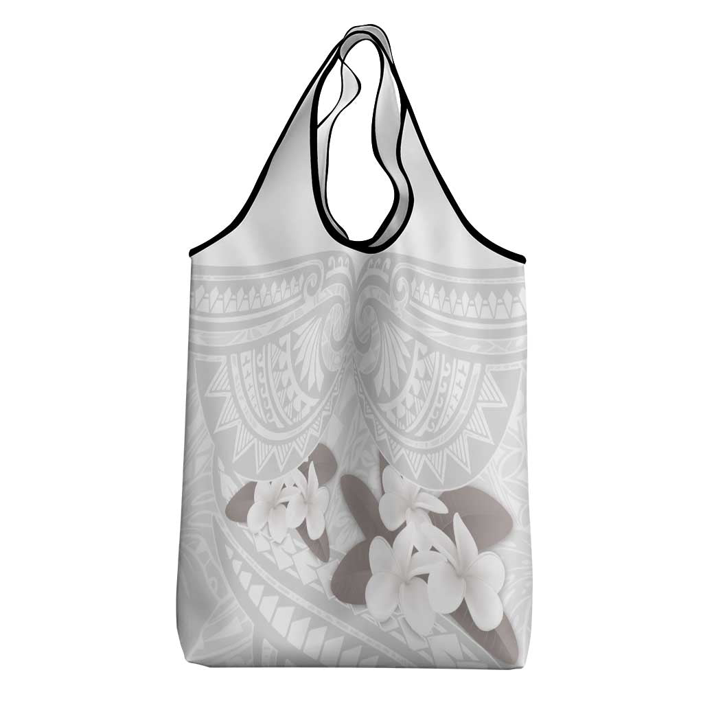White Polynesia Grocery Bag Tribal Pattern Tropical Frangipani
