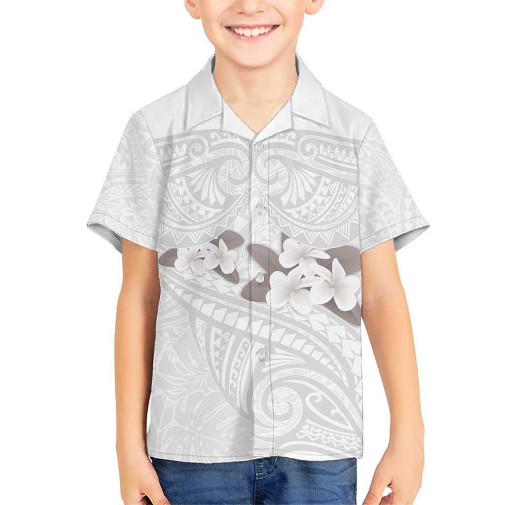White Polynesia Kid Hawaiian Shirt Tribal Pattern Tropical Frangipani