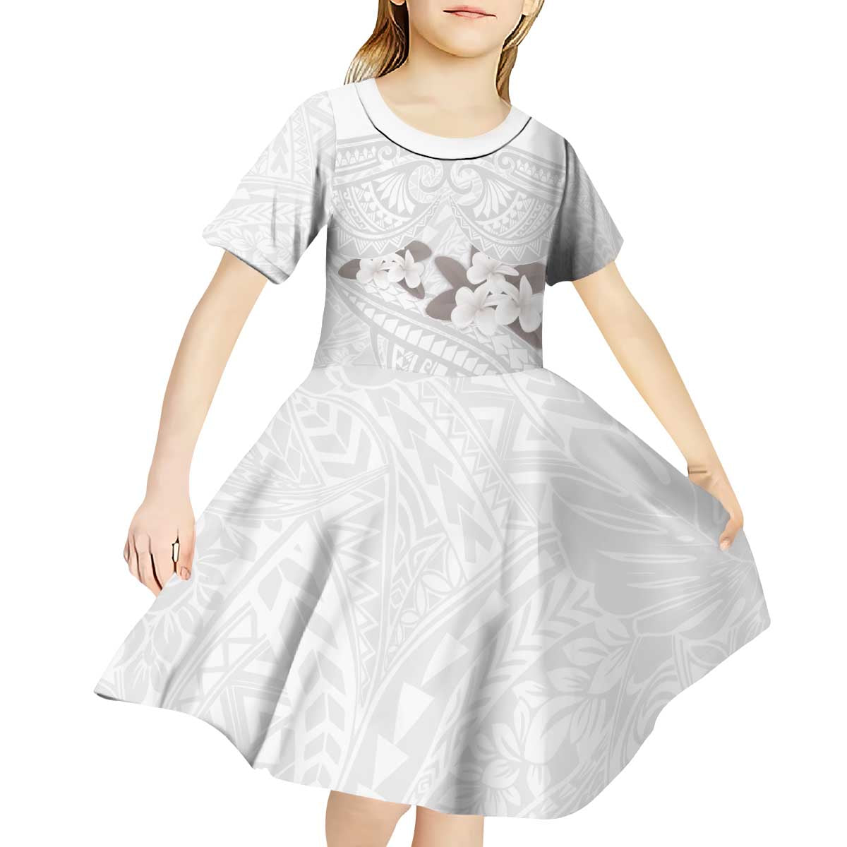 White Polynesia Kid Short Sleeve Dress Tribal Pattern Tropical Frangipani