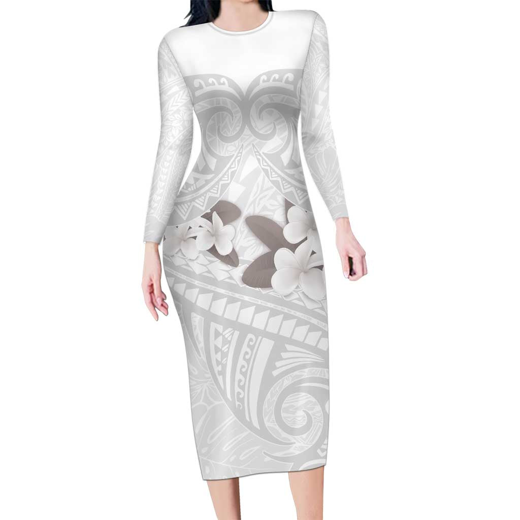White Polynesia Long Sleeve Bodycon Dress Tribal Pattern Tropical Frangipani LT14 Long Dress White - Polynesian Pride