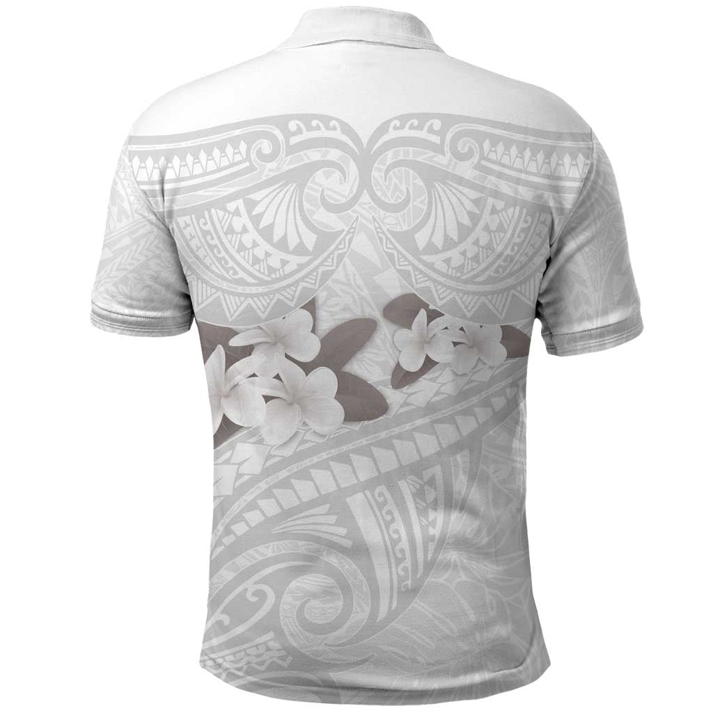 White Polynesia Polo Shirt Tribal Pattern Tropical Frangipani