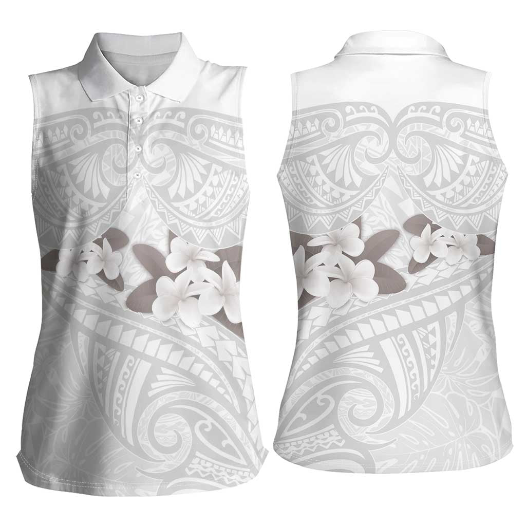 White Polynesia Women Sleeveless Polo Shirt Tribal Pattern Tropical Frangipani