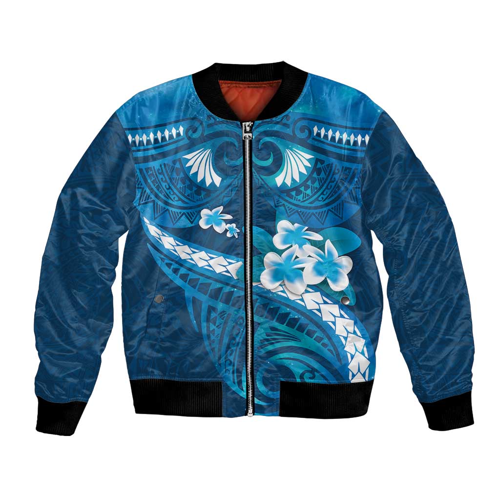Blue Polynesia Bomber Jacket Tribal Pattern Tropical Frangipani LT14 Unisex Blue - Polynesian Pride