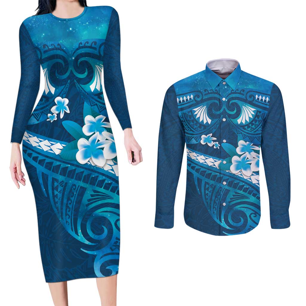 Blue Polynesia Couples Matching Long Sleeve Bodycon Dress and Long Sleeve Button Shirt Tribal Pattern Tropical Frangipani