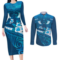 Blue Polynesia Couples Matching Long Sleeve Bodycon Dress and Long Sleeve Button Shirt Tribal Pattern Tropical Frangipani