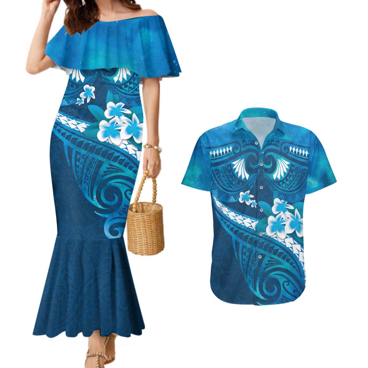 Blue Polynesia Couples Matching Mermaid Dress and Hawaiian Shirt Tribal Pattern Tropical Frangipani LT14 Blue - Polynesian Pride