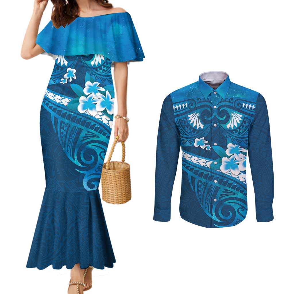 Blue Polynesia Couples Matching Mermaid Dress and Long Sleeve Button Shirt Tribal Pattern Tropical Frangipani LT14 Blue - Polynesian Pride