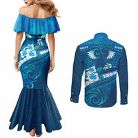 Blue Polynesia Couples Matching Mermaid Dress and Long Sleeve Button Shirt Tribal Pattern Tropical Frangipani