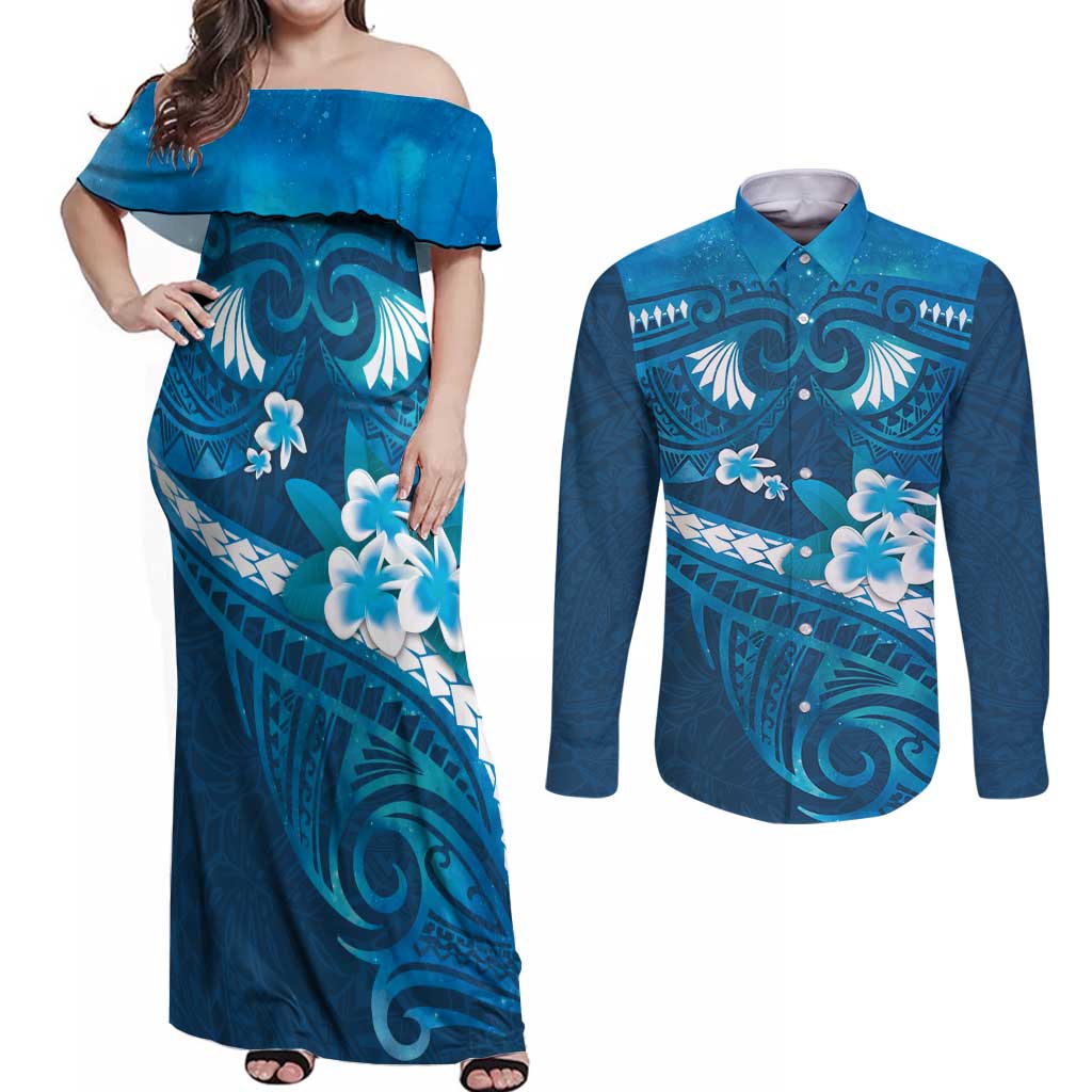 Blue Polynesia Couples Matching Off Shoulder Maxi Dress and Long Sleeve Button Shirt Tribal Pattern Tropical Frangipani LT14 Blue - Polynesian Pride