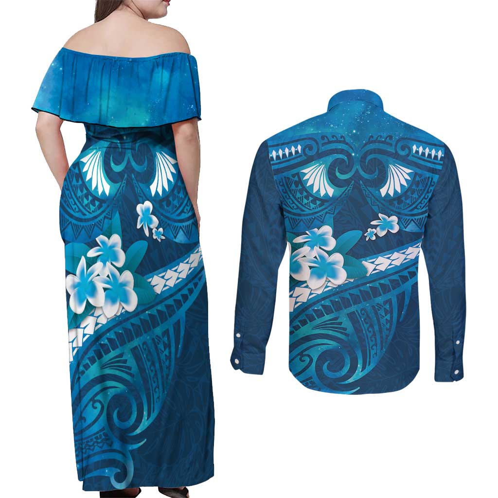 Blue Polynesia Couples Matching Off Shoulder Maxi Dress and Long Sleeve Button Shirt Tribal Pattern Tropical Frangipani