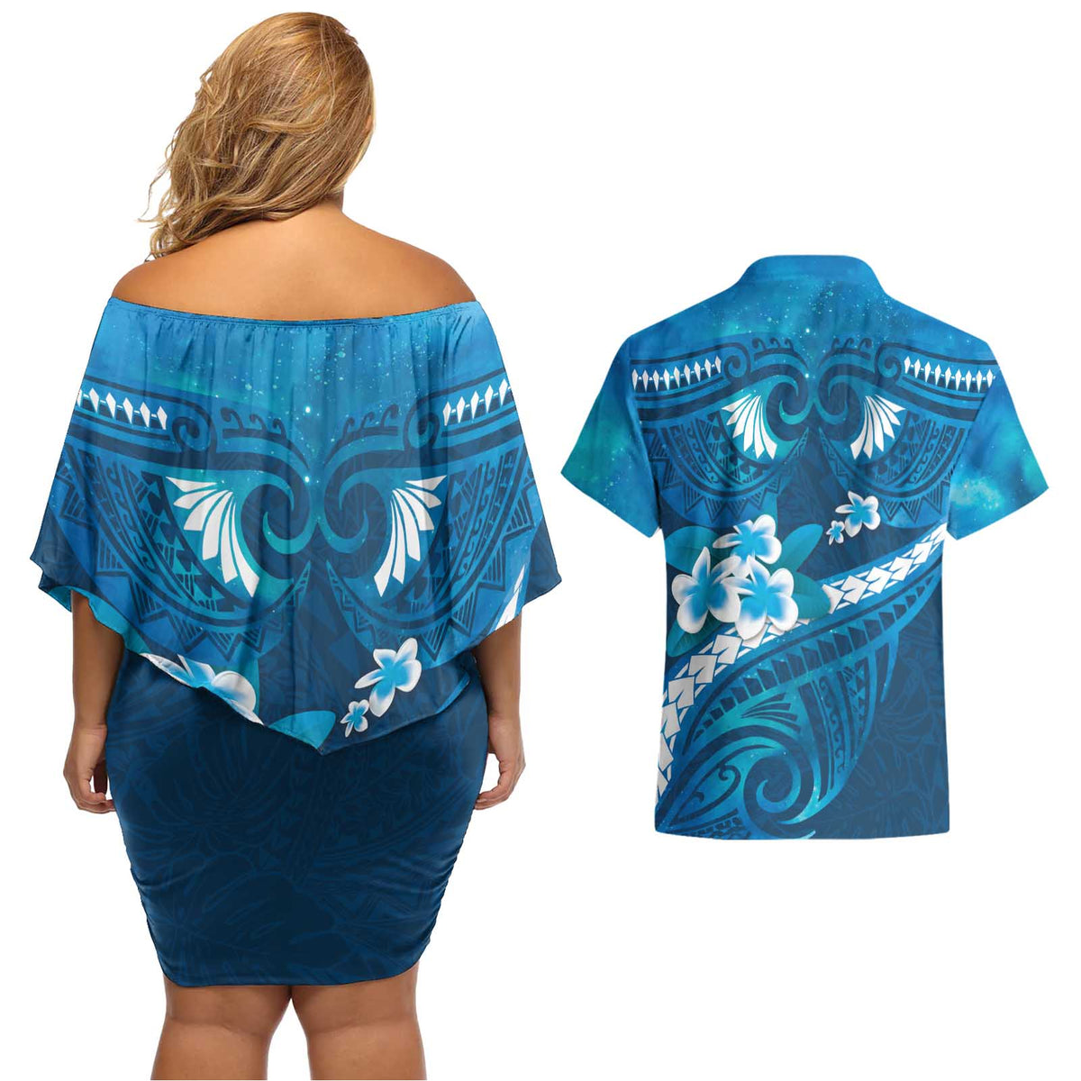 Blue Polynesia Couples Matching Off Shoulder Short Dress and Hawaiian Shirt Tribal Pattern Tropical Frangipani