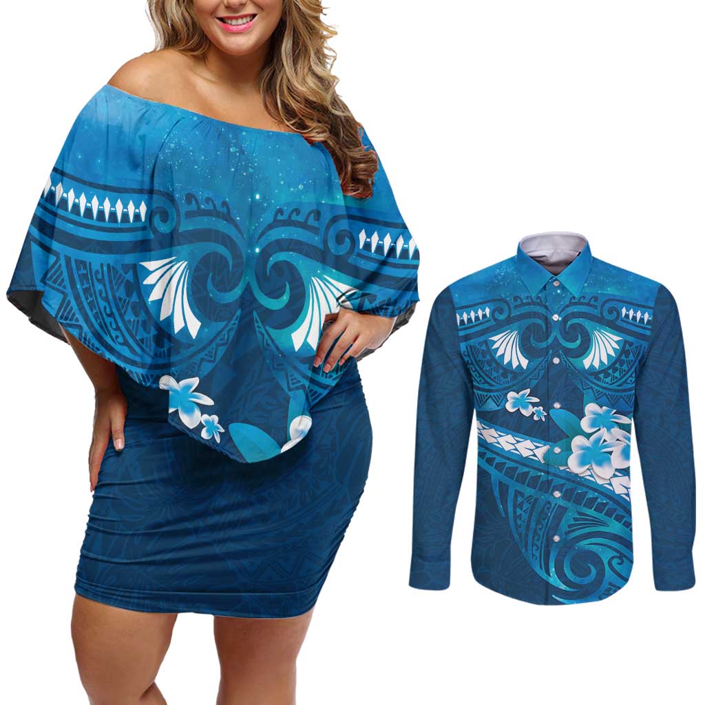 Blue Polynesia Couples Matching Off Shoulder Short Dress and Long Sleeve Button Shirt Tribal Pattern Tropical Frangipani LT14 Blue - Polynesian Pride