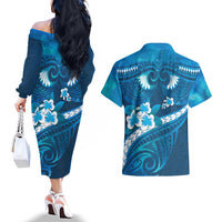 Blue Polynesia Couples Matching Off The Shoulder Long Sleeve Dress and Hawaiian Shirt Tribal Pattern Tropical Frangipani