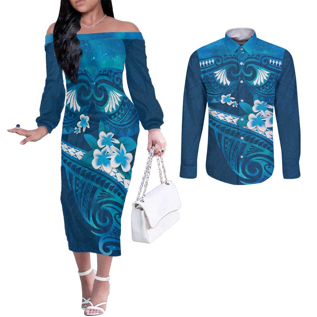 Blue Polynesia Couples Matching Off The Shoulder Long Sleeve Dress and Long Sleeve Button Shirt Tribal Pattern Tropical Frangipani LT14 Blue - Polynesian Pride
