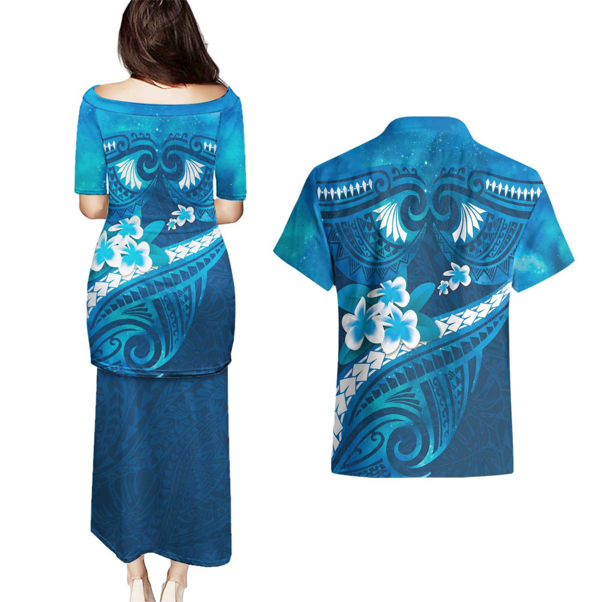 Blue Polynesia Couples Matching Puletasi and Hawaiian Shirt Tribal Pattern Tropical Frangipani