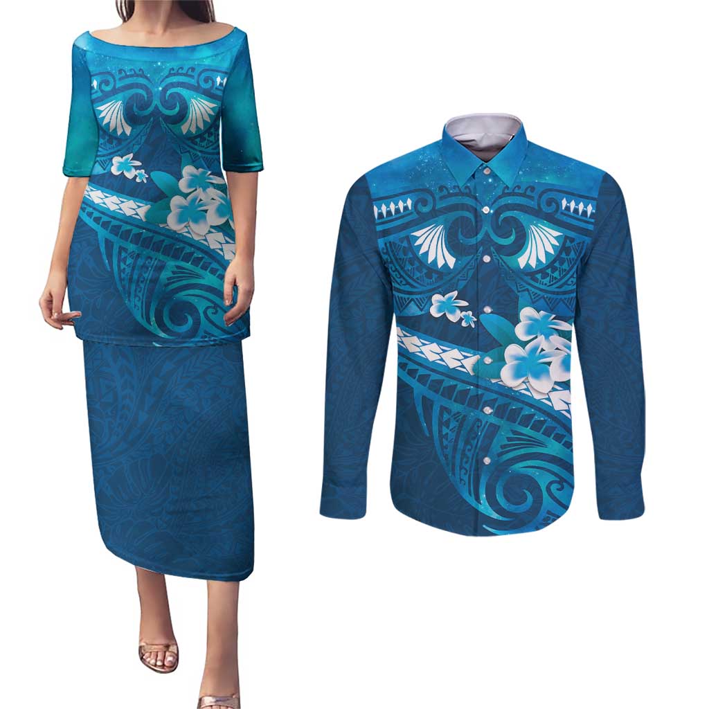Blue Polynesia Couples Matching Puletasi and Long Sleeve Button Shirt Tribal Pattern Tropical Frangipani LT14 Blue - Polynesian Pride