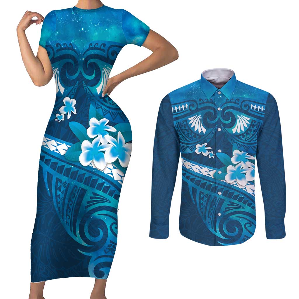 Blue Polynesia Couples Matching Short Sleeve Bodycon Dress and Long Sleeve Button Shirt Tribal Pattern Tropical Frangipani LT14 Blue - Polynesian Pride