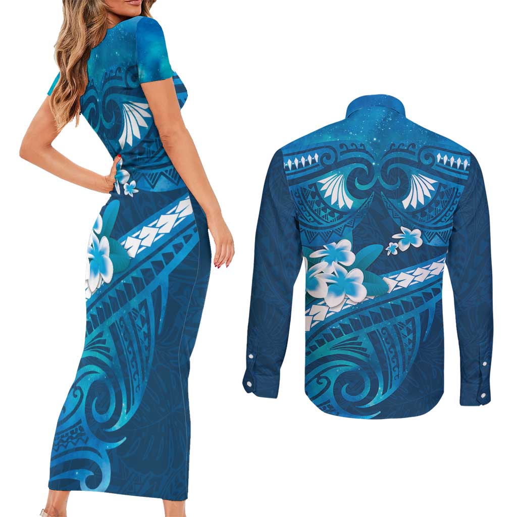 Blue Polynesia Couples Matching Short Sleeve Bodycon Dress and Long Sleeve Button Shirt Tribal Pattern Tropical Frangipani