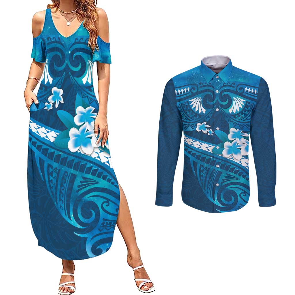 Blue Polynesia Couples Matching Summer Maxi Dress and Long Sleeve Button Shirt Tribal Pattern Tropical Frangipani LT14 Blue - Polynesian Pride