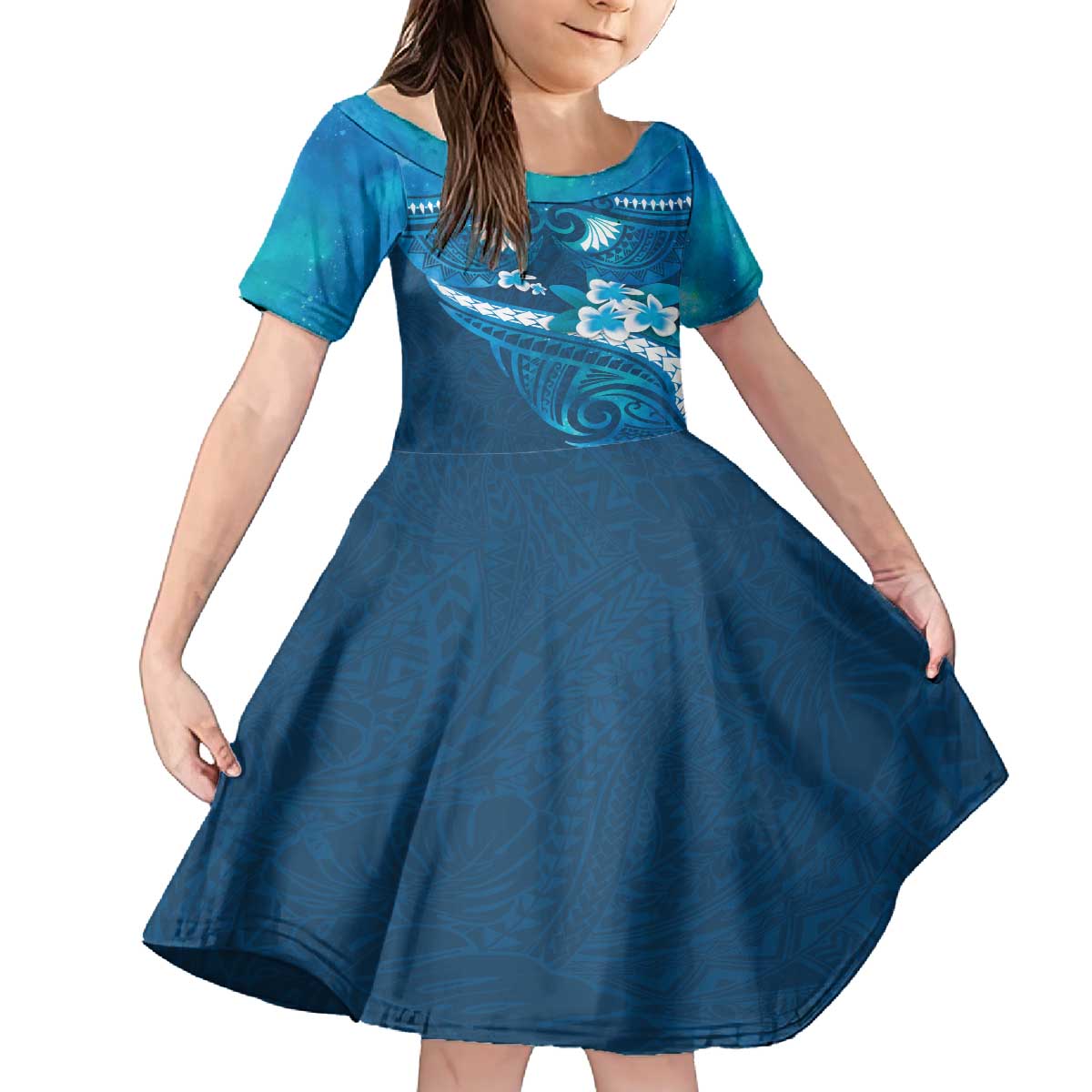 Blue Polynesia Family Matching Off The Shoulder Long Sleeve Dress and Hawaiian Shirt Tribal Pattern Tropical Frangipani LT14 Daughter's Dress Blue - Polynesian Pride