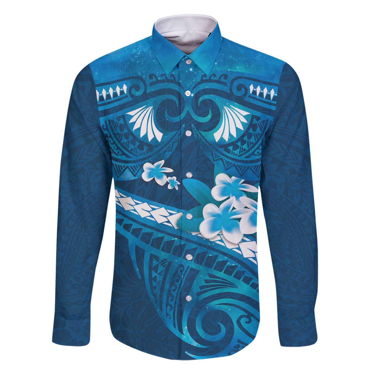 Blue Polynesia Family Matching Off The Shoulder Long Sleeve Dress and Hawaiian Shirt Tribal Pattern Tropical Frangipani LT14 Dad's Shirt - Long Sleeve Blue - Polynesian Pride