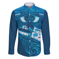 Blue Polynesia Family Matching Off Shoulder Short Dress and Hawaiian Shirt Tribal Pattern Tropical Frangipani LT14 Dad's Shirt - Long Sleeve Blue - Polynesian Pride