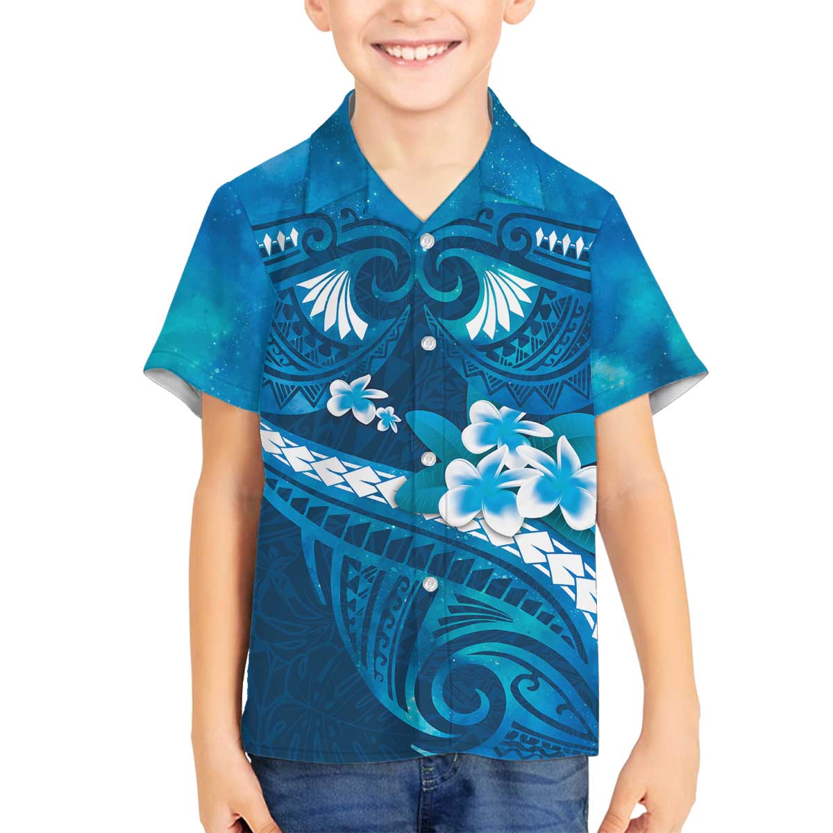 Blue Polynesia Family Matching Off Shoulder Short Dress and Hawaiian Shirt Tribal Pattern Tropical Frangipani LT14 Son's Shirt Blue - Polynesian Pride