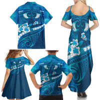 Blue Polynesia Family Matching Summer Maxi Dress and Hawaiian Shirt Tribal Pattern Tropical Frangipani