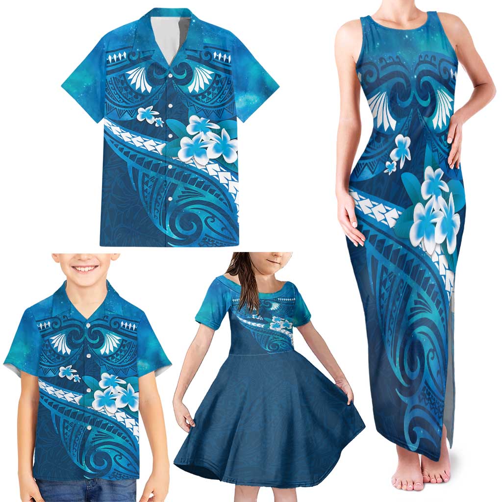 Blue Polynesia Family Matching Tank Maxi Dress and Hawaiian Shirt Tribal Pattern Tropical Frangipani LT14 - Polynesian Pride