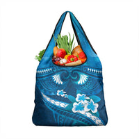 Blue Polynesia Grocery Bag Tribal Pattern Tropical Frangipani