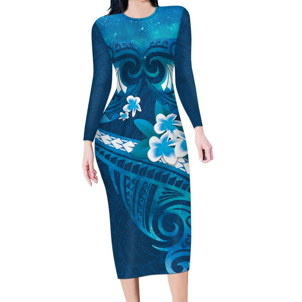 Blue Polynesia Long Sleeve Bodycon Dress Tribal Pattern Tropical Frangipani LT14 Long Dress Blue - Polynesian Pride