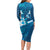 Blue Polynesia Long Sleeve Bodycon Dress Tribal Pattern Tropical Frangipani