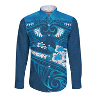 Blue Polynesia Long Sleeve Button Shirt Tribal Pattern Tropical Frangipani LT14 Unisex Blue - Polynesian Pride