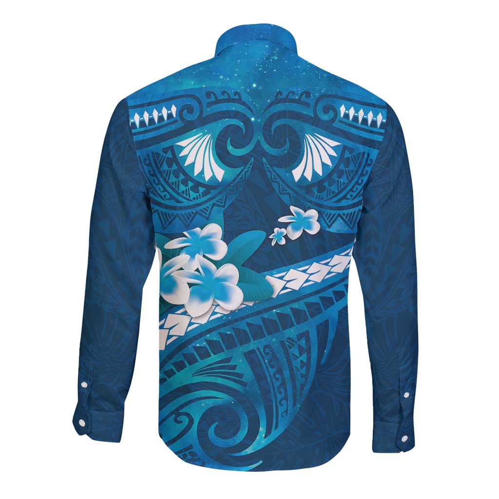 Blue Polynesia Long Sleeve Button Shirt Tribal Pattern Tropical Frangipani LT14 - Polynesian Pride