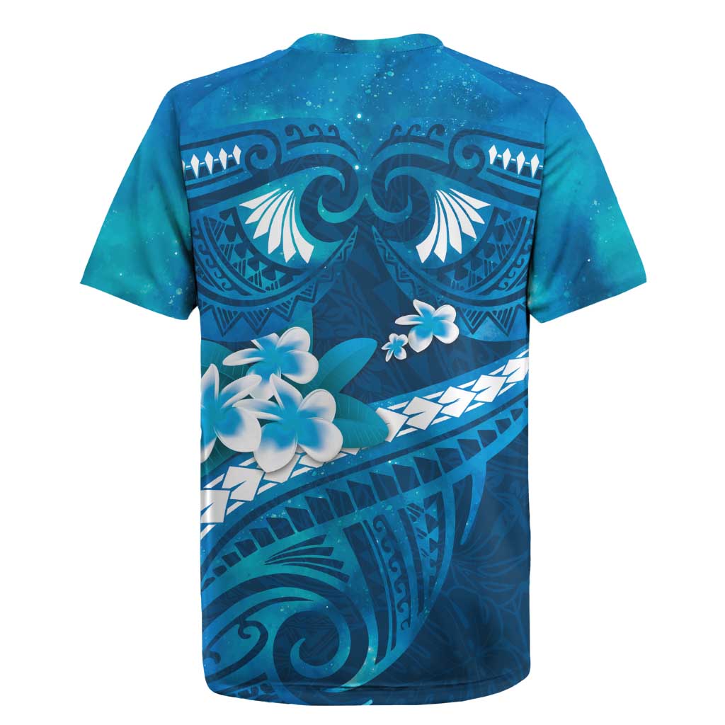Blue Polynesia Rugby Jersey Tribal Pattern Tropical Frangipani