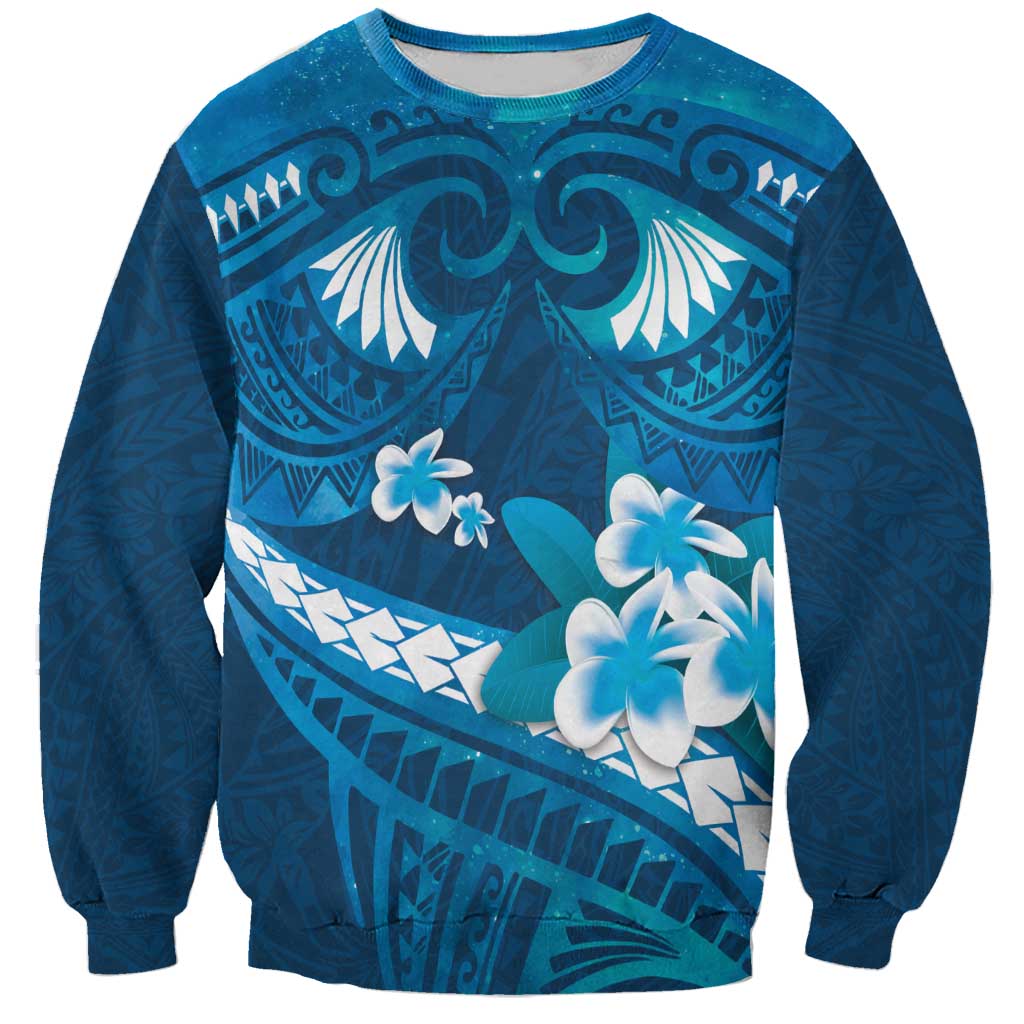 Blue Polynesia Sweatshirt Tribal Pattern Tropical Frangipani