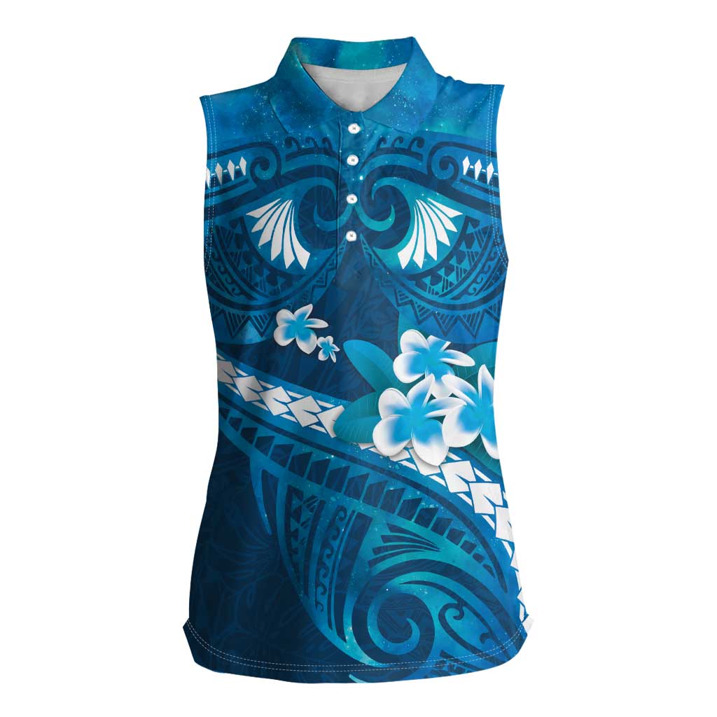 Blue Polynesia Women Sleeveless Polo Shirt Tribal Pattern Tropical Frangipani LT14 Female Blue - Polynesian Pride